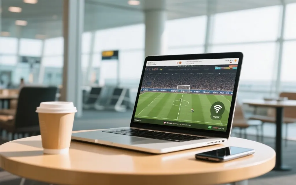 机场或咖啡店里使用笔记本观看回放，旁边放着手机热点提示，画面简洁现代